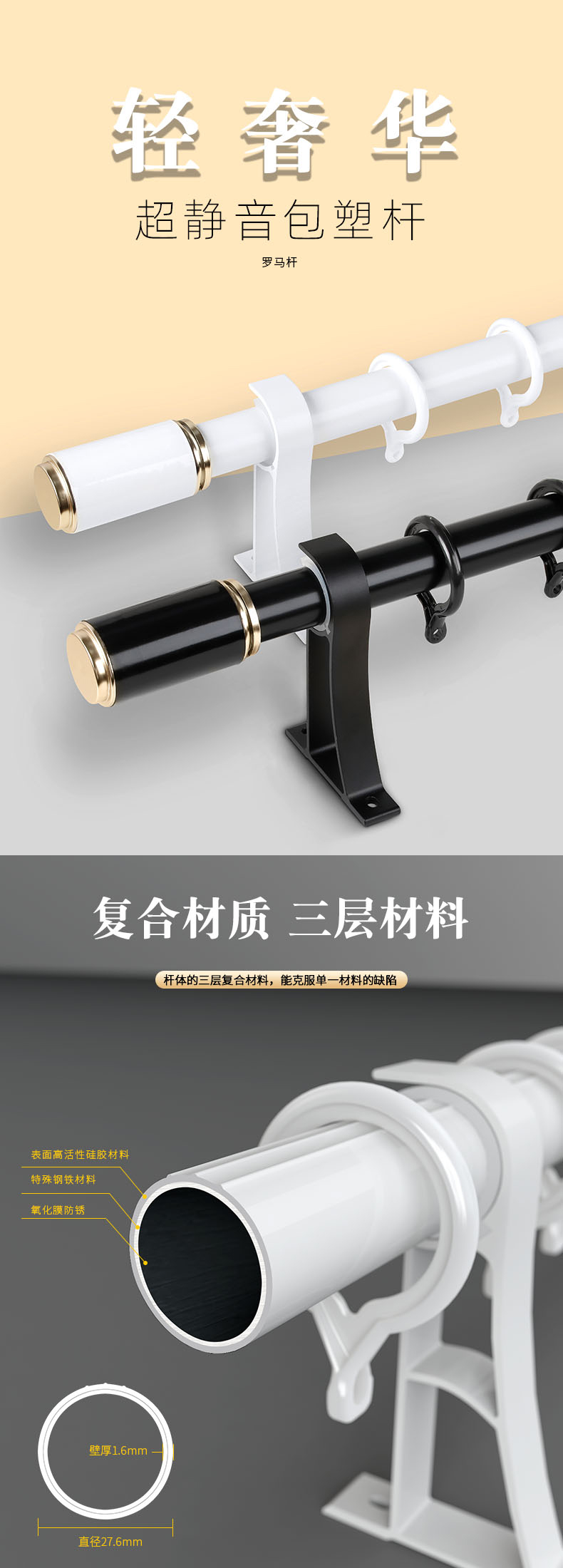厂家批发铁包塑窗帘杆 窗帘轨道单双杆侧装铝合金支架 静音罗马杆