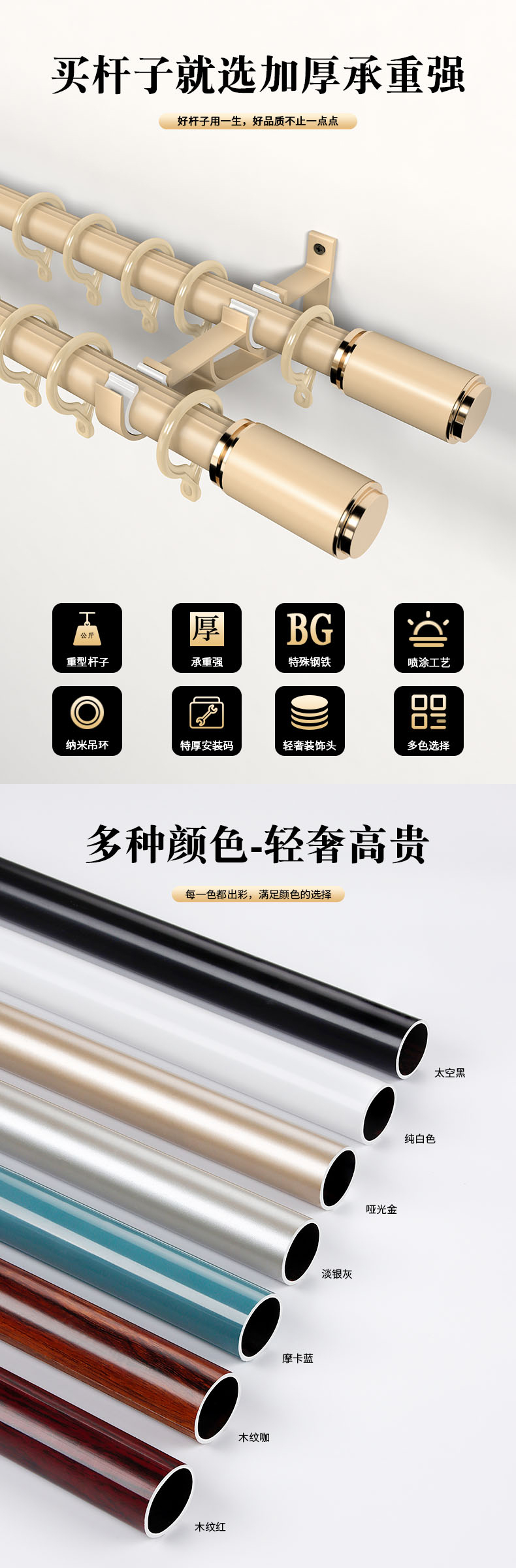 厂家批发铁包塑窗帘杆 窗帘轨道单双杆侧装铝合金支架 静音罗马杆